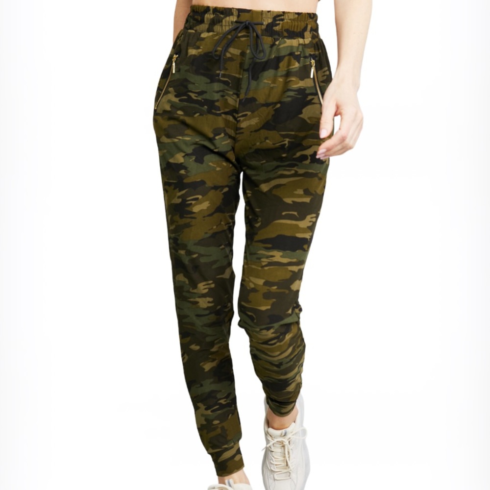 Leggings Depot Camouflage Print Drawstring Waist Zipper Detail Joggers
